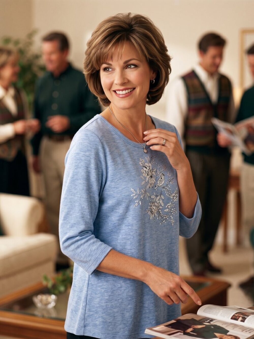 Talbots Women M 3/4 Sleeve Top Blue Floral Bird Cotton Cottagecore Essential